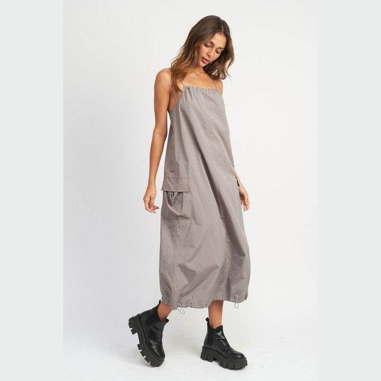 Emory Park mid length summer dress in taupe with a relaxed fit and pockets for casual outings