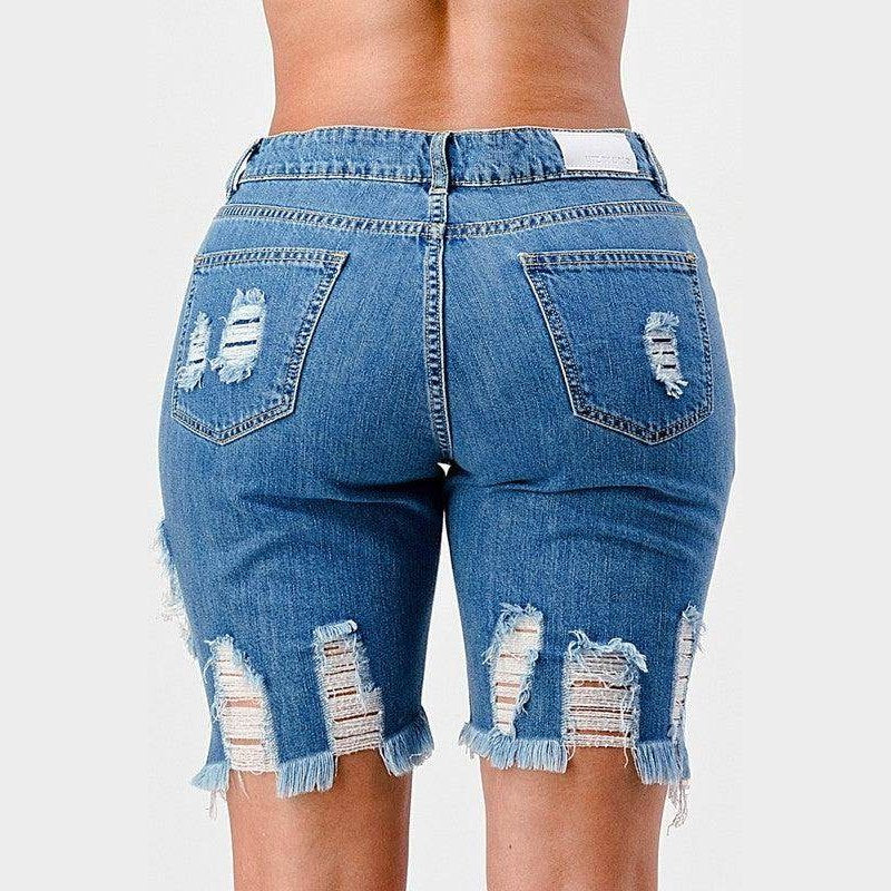 LITZ LA mid rise denim shorts with distressed details and frayed hem for a trendy look