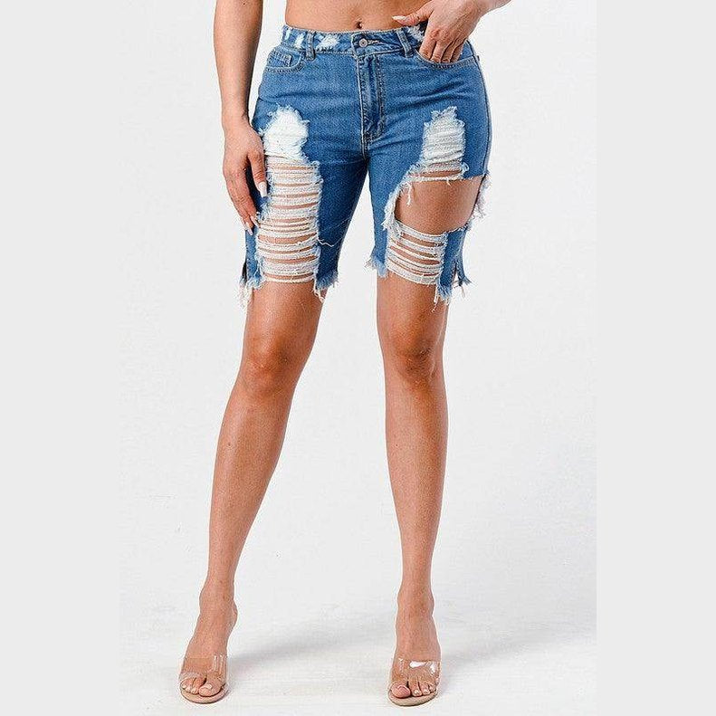 LITZ LA mid rise denim shorts with distressed design and frayed hem for a trendy summer look