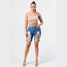LITZ LA mid rise denim shorts in blue with distressed details and a fitted design for a stylish look