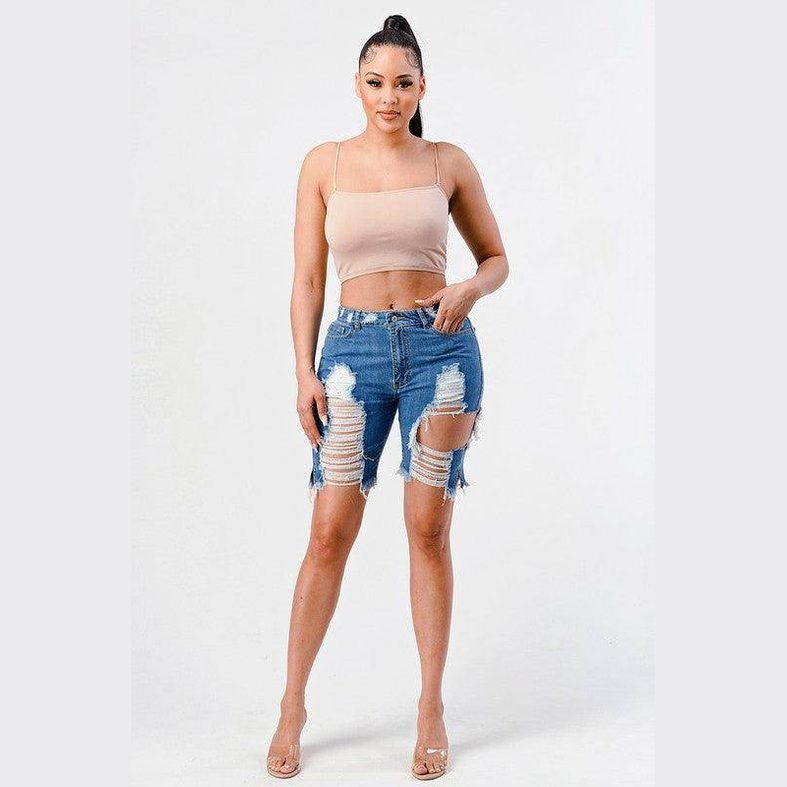 LITZ LA mid rise denim shorts in blue with distressed details and a fitted design for a stylish look