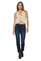 Women's mid rise jeans in dark blue denim, perfect for casual outings