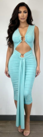Aqua midi dress, fitted, perfect for summer outings or parties