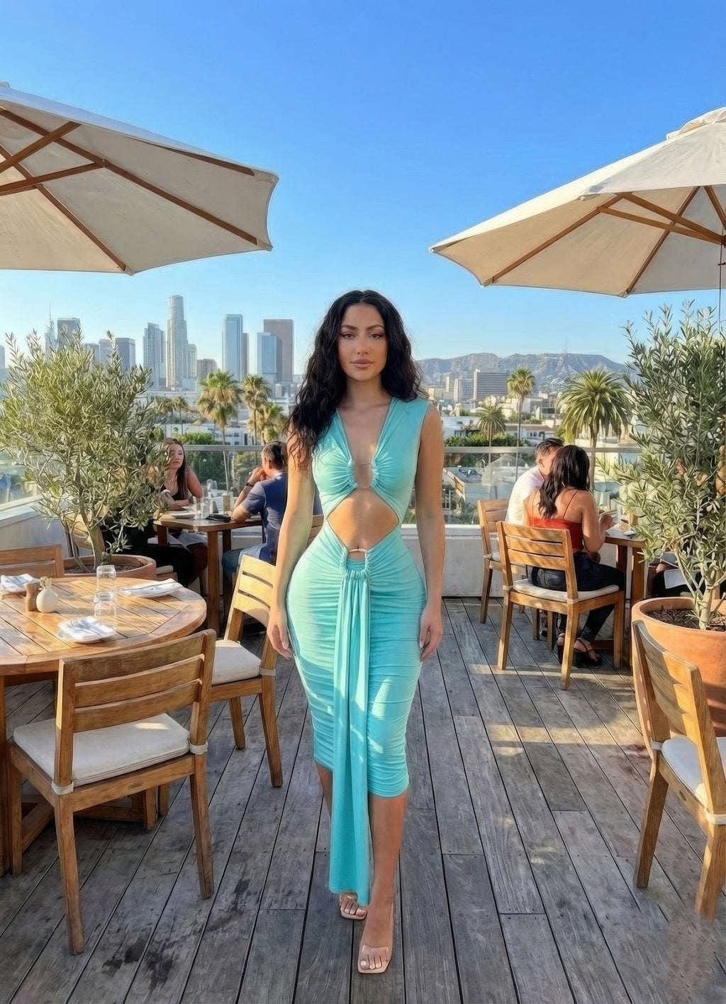 Women's aqua midi dress, ribbed fabric, perfect for summer outings