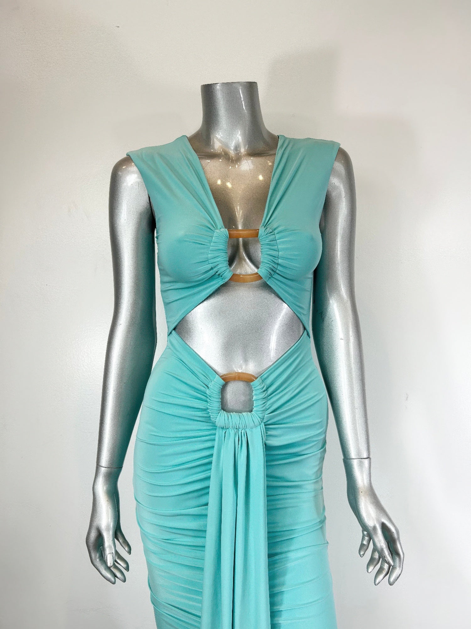 Aqua midi dress with cutouts, perfect for summer parties