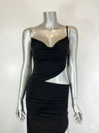 Black midi dress with ruched design, perfect for evening events