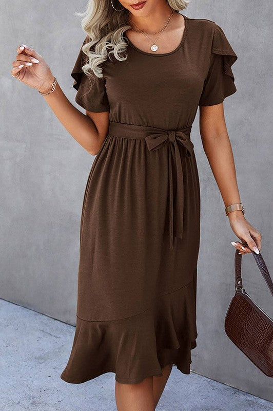 Women's brown midi dress with ruffled sleeves, perfect for casual outings