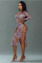 Women's leopard print midi dress, sheer material, stylish for parties