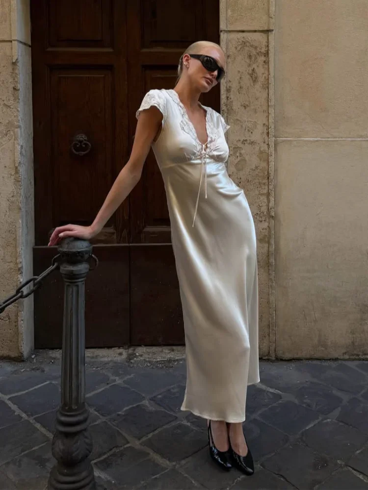 Women's satin midi dress in ivory, perfect for summer outings