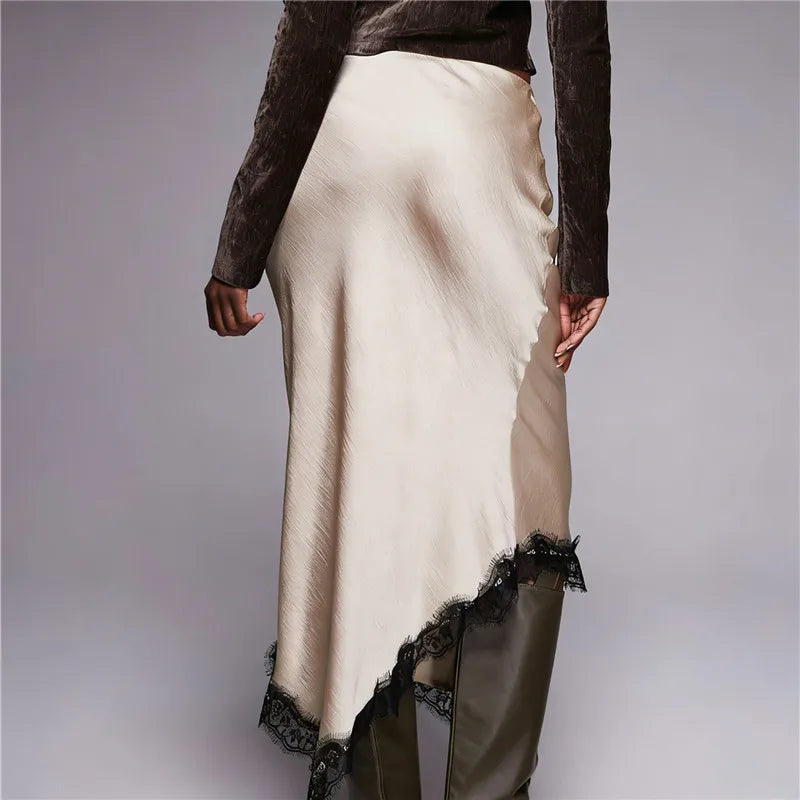 Women's cream midi satin skirt with lace trim, perfect for elegant occasions
