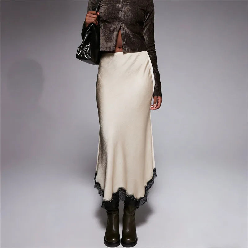 Elegant cream midi satin skirt with lace hem, perfect for evenings