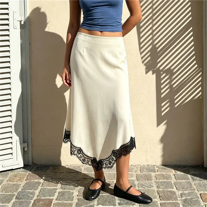 Women's cream midi satin skirt with lace trim, stylish summer outfit