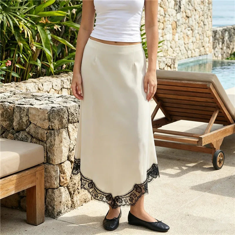 Women's beige midi satin skirt, elegant for beach outings