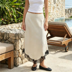 Women's beige midi satin skirt, elegant for beach outings