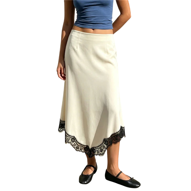 Elegant Midi Satin Skirt for Women with Lace Trim