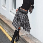 Women's plaid midi skirt, lightweight fabric, stylish streetwear look