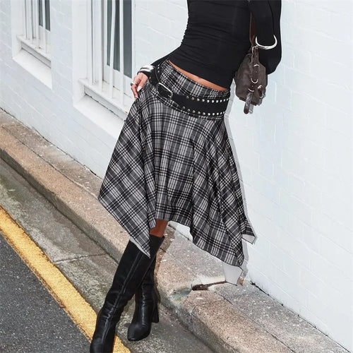 Women's plaid midi skirt, lightweight fabric, stylish streetwear look