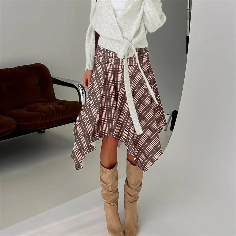 Women's brown plaid midi skirt, stylish for casual outings