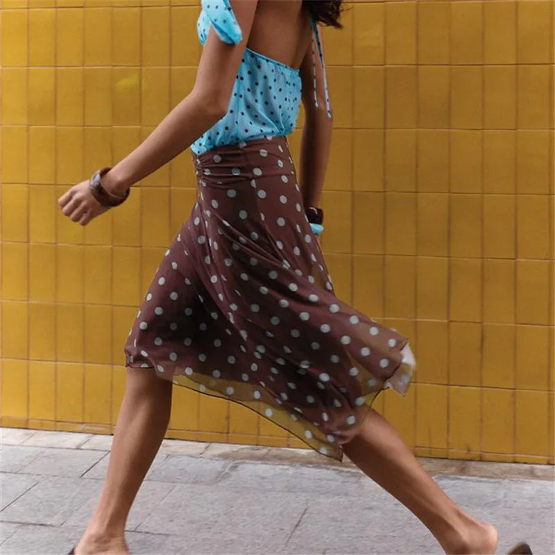 Brown polka dot midi skirt, lightweight material for summer outings