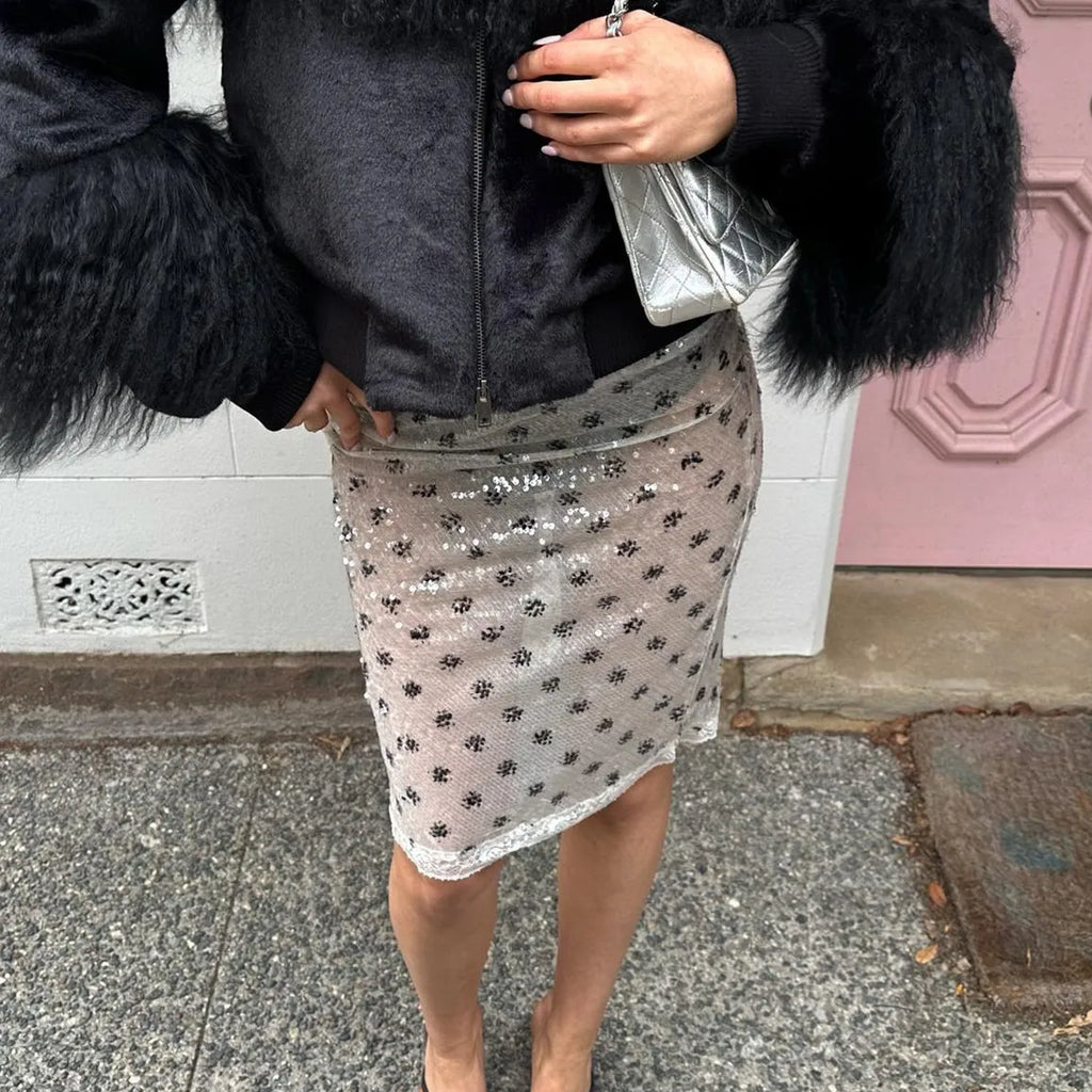 Women's silver sequin midi skirt, stylish for evening outings