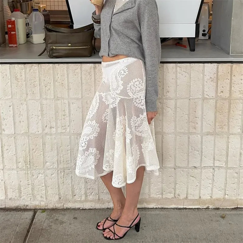 Women's white lace midi skirt, perfect for summer outings