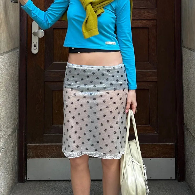 Women's sheer white midi skirt with polka dots for casual wear