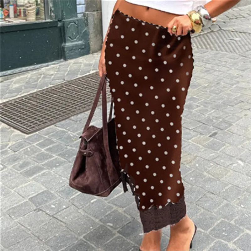 Women's brown midi skirts with polka dots, perfect for casual outings
