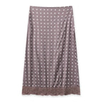 Brown polka dot midi skirt with lace trim for casual wear