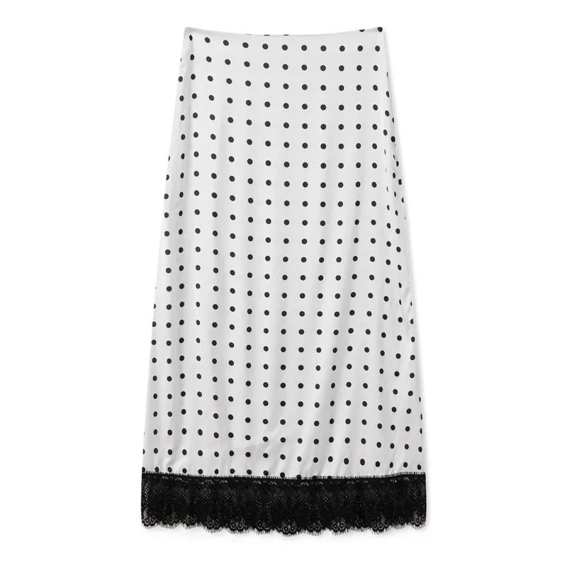 Women's polka dot midi skirts in white with lace trim