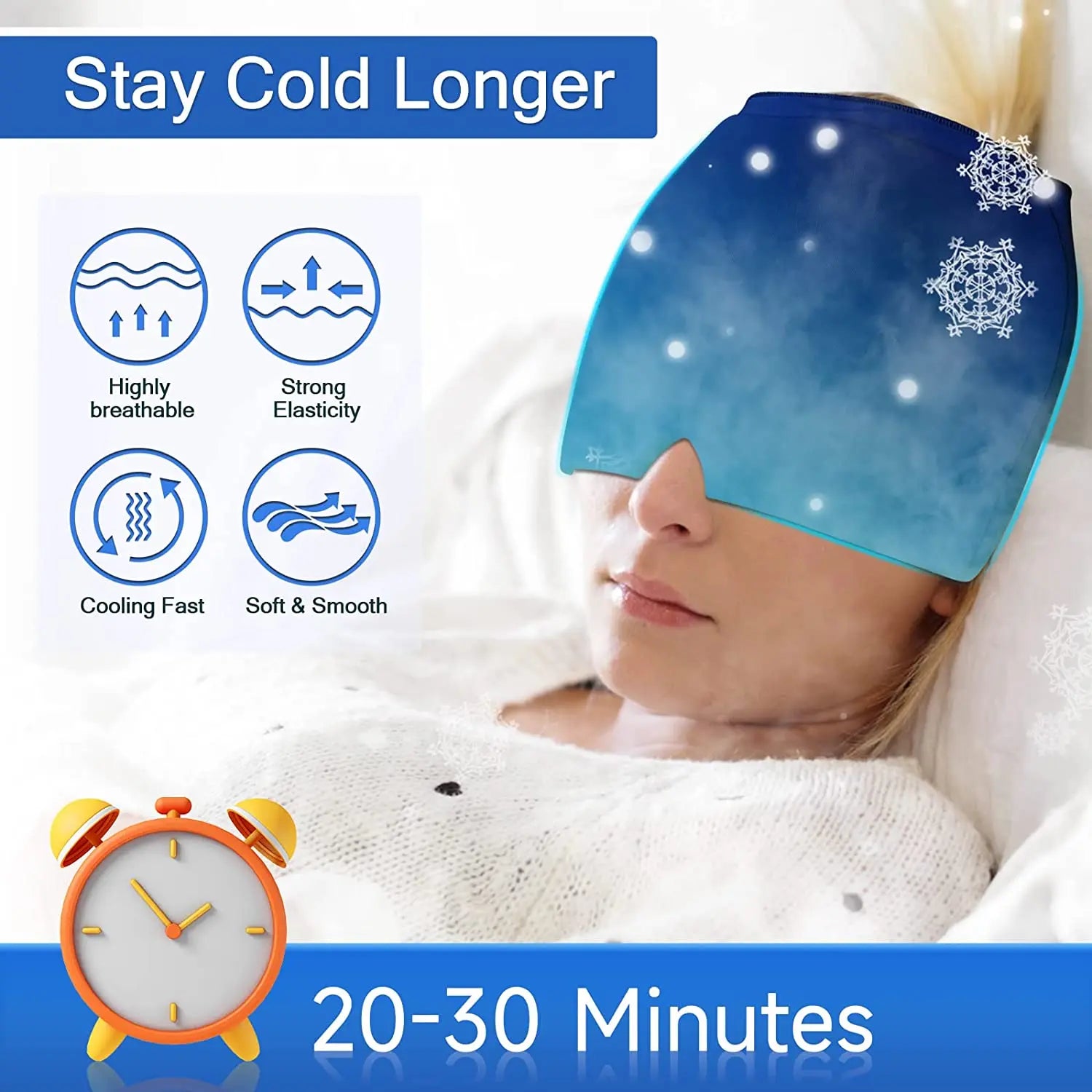 Blue migraine relief cap, breathable material for soothing comfort