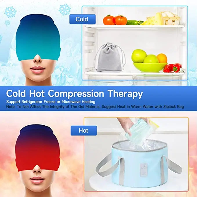 Migraine relief cap, adjustable, gel-based for hot and cold therapy
