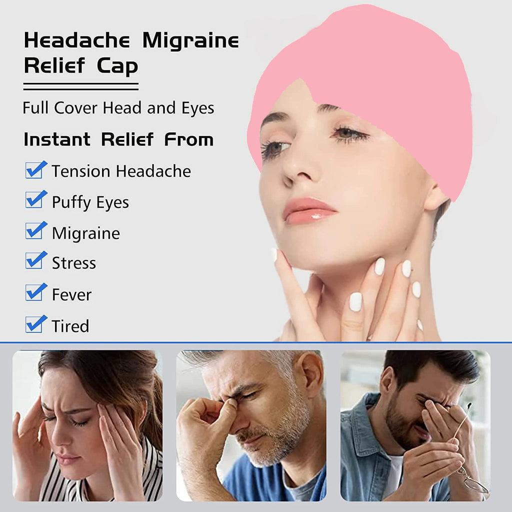 Pink migraine relief cap for full head and eye coverage