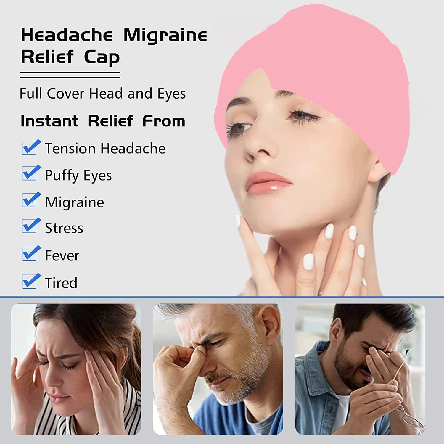 Pink migraine relief cap for full head and eye coverage