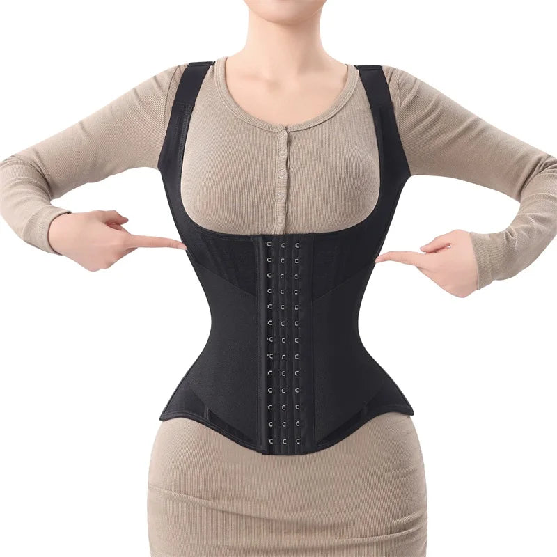 Black waist corset trainer for shaping and support during workouts