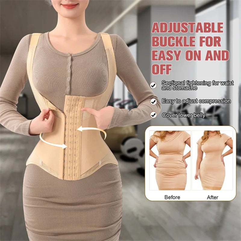 Tan waist corset trainer with adjustable buckle for easy wear and compression