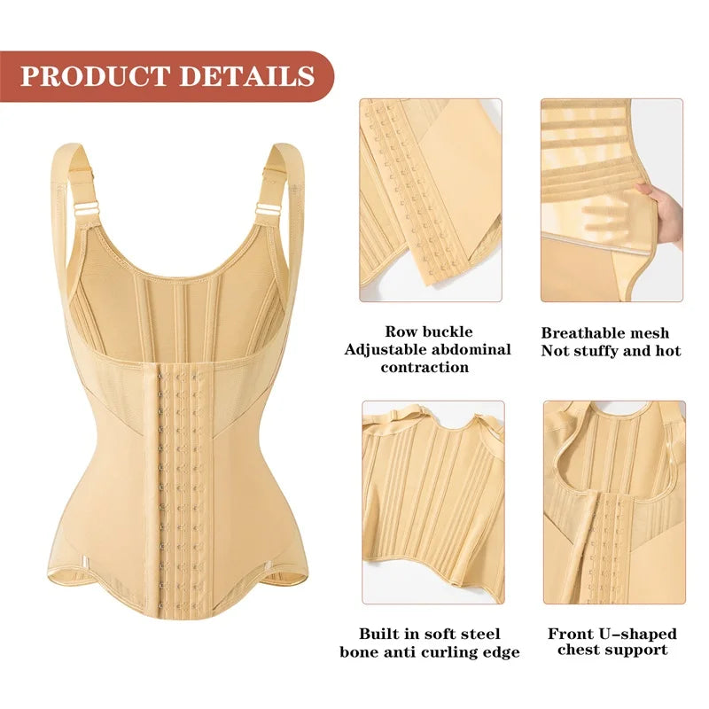 Beige waist corset trainer with adjustable straps and breathable mesh design