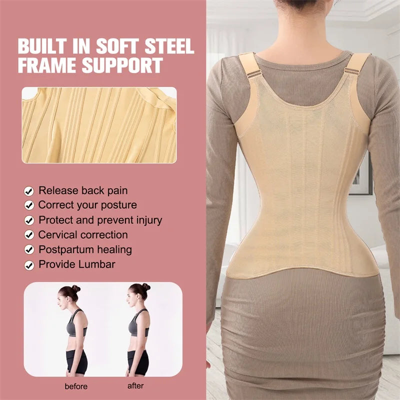 Beige waist corset trainer with soft steel frame support for posture correction