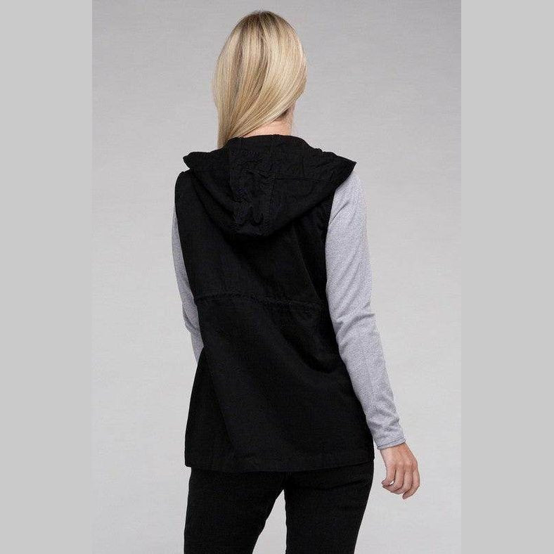Back view of a hooded military vest for women by ZENANA in black fabric, perfect for layering