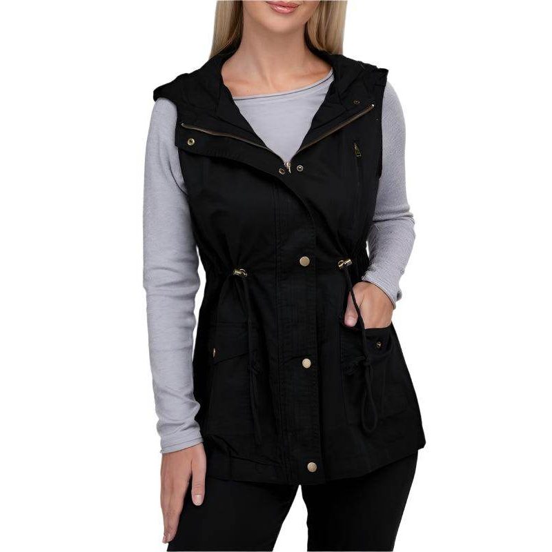 ZENANA hooded military vest for women in black with adjustable drawstring and pockets