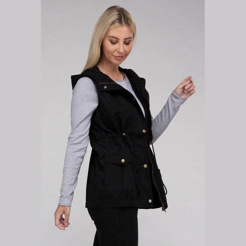 ZENANA hooded military vest for women in black with pockets and adjustable drawstring waist