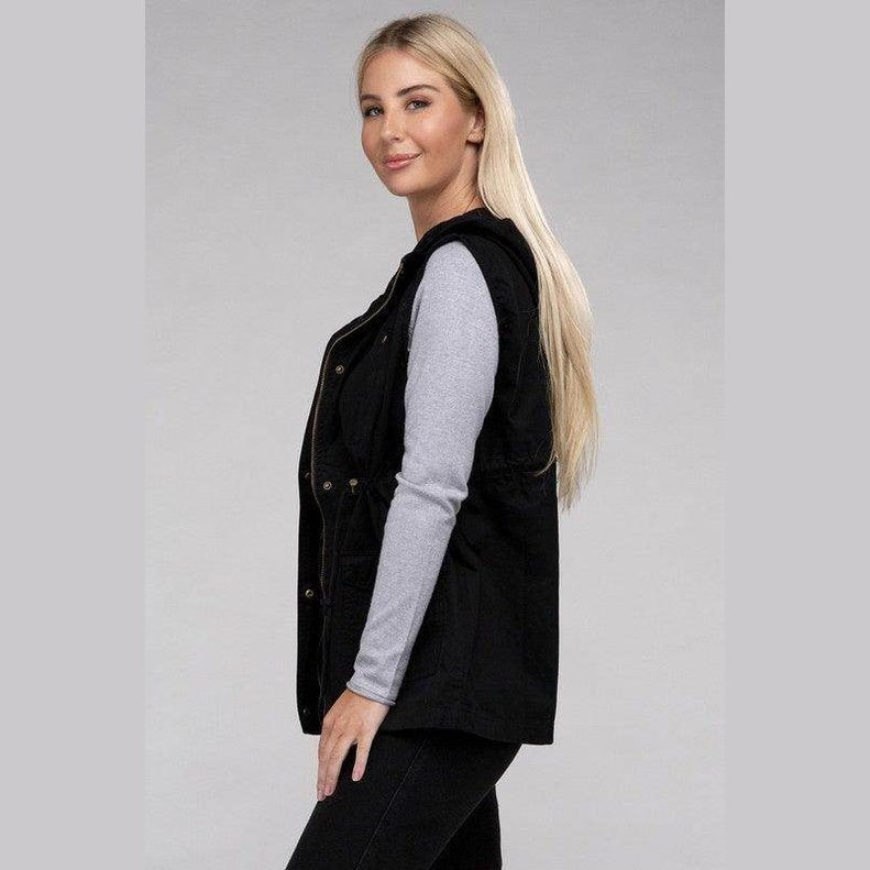 Zenana hooded military vest for women in black with adjustable tie waist and stylish design