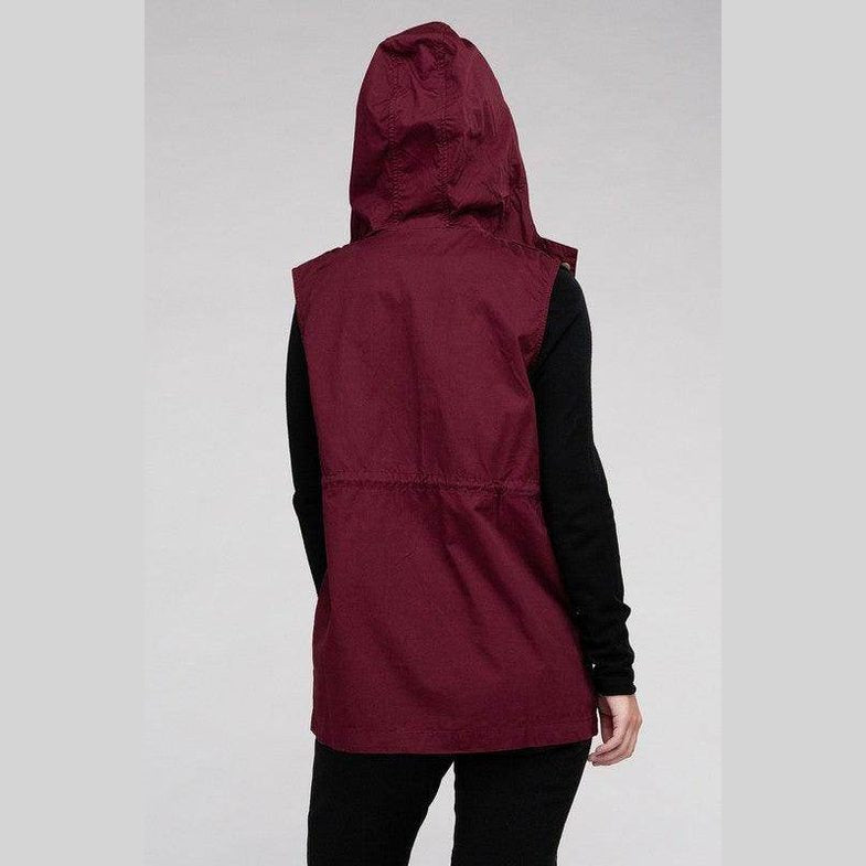 BURGUNDY ZENANA Hooded Military Vest for Women with Adjustable Waist and Spacious Hood