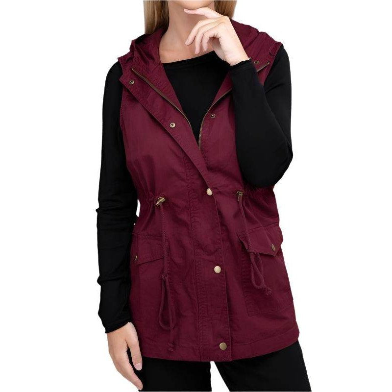 ZENANA hooded military vest for women in burgundy with adjustable waist and multiple pockets