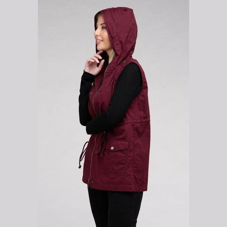Burgundy hooded military vest for women with pockets and adjustable drawstring for a stylish look