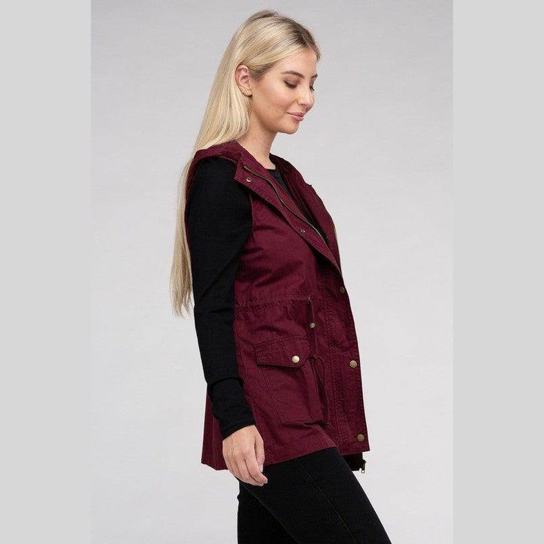 Zenana women's hooded military vest for women in burgundy with pockets and stylish design