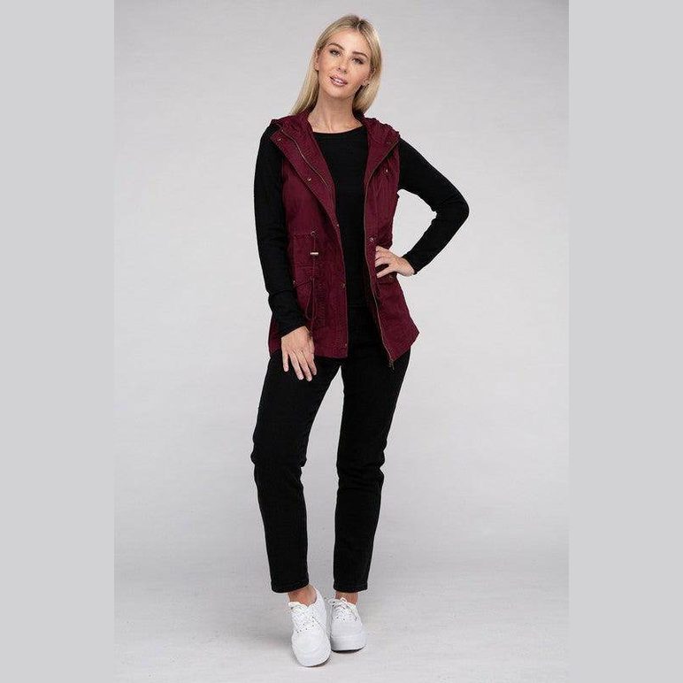 Burgundy hooded military vest for women with front pockets, perfect for stylish layering