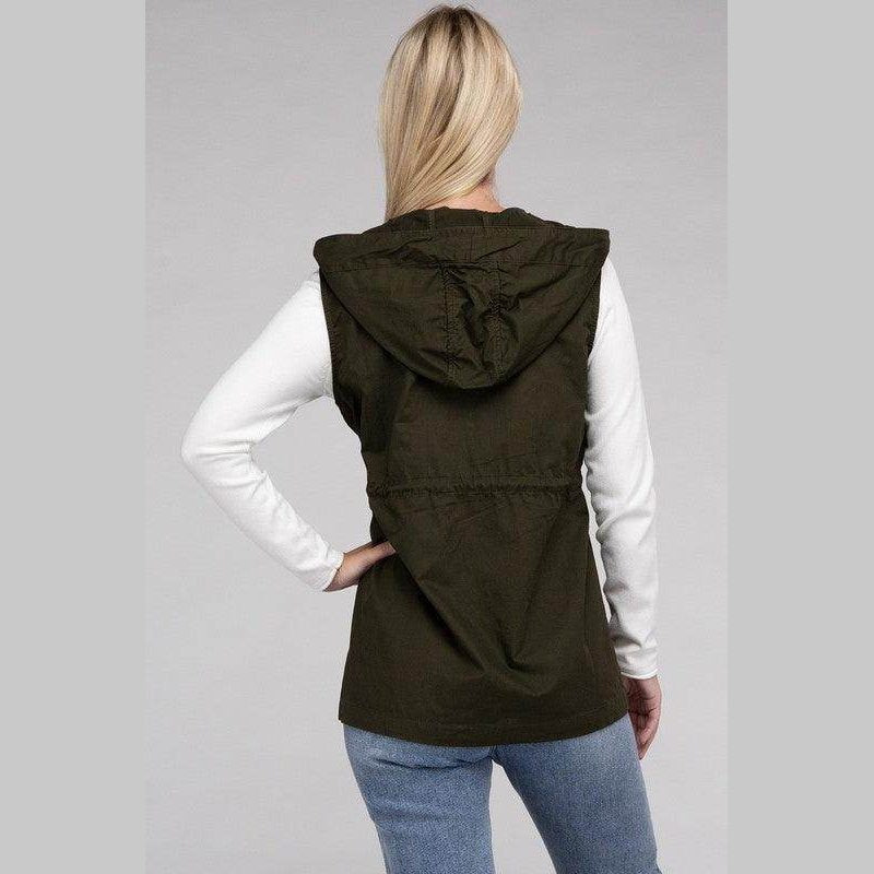 Back view of a ZENANA hooded military vest for women in olive green with adjustable drawstring