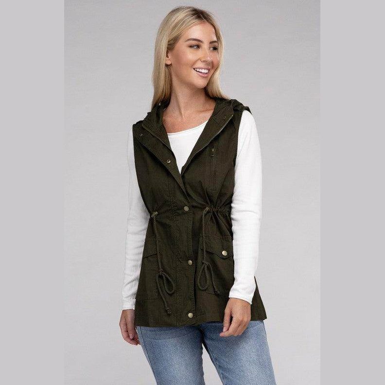 ZENANA hooded military vest for women in olive green with drawstring waist and front pockets