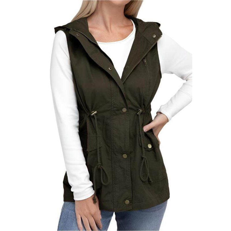 ZENANA hooded military vest for women in olive green with adjustable waist and pockets