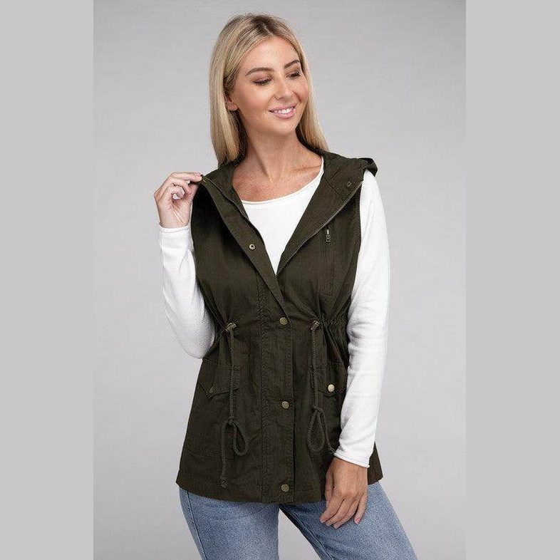 Hooded military vest for women in olive green with adjustable waist and stylish design by ZENANA
